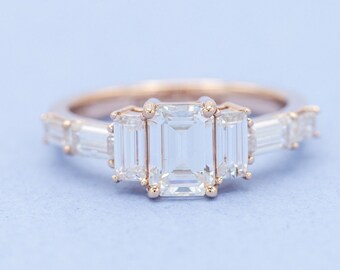 Emerald Cut Three Stone Moissanite Engagement Ring, 14K Rose Gold, Wedding Ring, Bridal Anniversary Ring, Anniversary Gift, Promise Ring