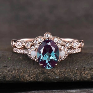Alexandrite & Opal Wedding Set 14K Rose Gold Vintage Engagement Ring Curved Milgrain Diamond Band Unique Bridal Ring Set Anniversary Gift