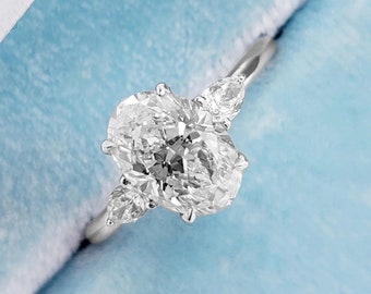 Three Stone Engagement Ring 14K White Gold Anniversary Ring Oval Moissanite Wedding Ring, Anniversary Gift for Her, Promise Ring