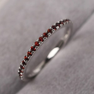 Garnet Eternity Band Dainty Red Gemstone Stacking Ring 14K White Gold Wedding Band January Birthstone Ring Anniversary Gift for Her