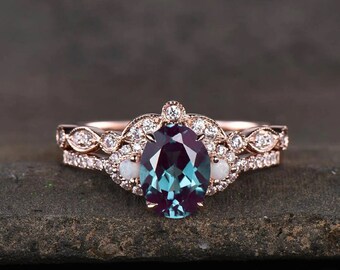 Oval Cut Alexandrite Engagement Ring Set, 14K Solid Rose Gold Vintage Curved Band, Bridal Milgrain Ring, Anniversary Gift