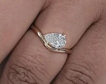1.5 Carat Pear Cut Moissanite Diamond Curved Ring 14K Yellow Gold Wedding Ring, Anniversary Gift For Women, Pear Diamond Solitaire Ring