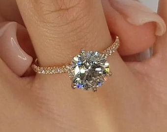 2ct Round Cut Moissanite Engagement Ring, Unique Pave Wedding Ring Vintage Ring, Anniversary Gift, Classic 6 Prongs Solitaire Ring