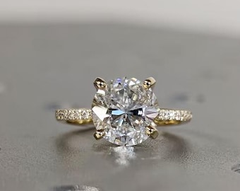 Round Cut Moissanite Engagement Ring 14K Yellow Gold Hidden Halo Wedding Ring, Round Moissanite Promise Ring, Anniversary Ring for Woman