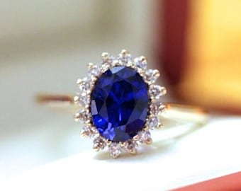 Sapphire Engagement Ring, Oval Cut Blue Sapphire Halo Ring, 14K Yellow Gold, 1.25 Carat Bridal Ring, Gift for Her