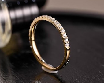 Dainty Moissanite Wedding Band 14K Solid Gold Diamond Thin Half Eternity Band, Promise Ring, Minimalist Pave Stackable Alternative Ring