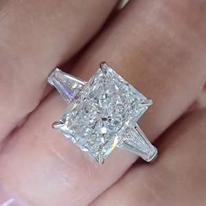 3 CT Radiant Cut Lab Grown Diamond Engagement Ring 14K White Gold Wedding Ring Side Tapered Baguette Three Stone Anniversary Ring for Woman
