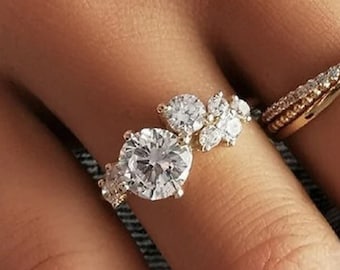 Round Diamond Wedding Ring 14K Yellow Gold Anniversary Ring Round Cut Moissanite Multi Stone Engagement Ring, Promise Ring, Anniversary Gift