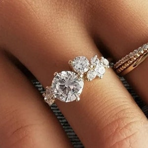 14K Yellow Gold Anniversary Ring Round Cut Moissanite Multi Stone Engagement Ring Round Diamond Wedding Ring Promise Ring Anniversary Gift