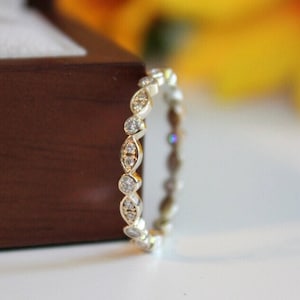 Diamond Eternity Band Unique Alternating Marquise & Round Ring Yellow Gold Wedding Band Stacking Anniversary Ring Dainty Bezel Set