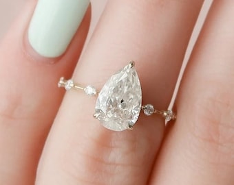3 CT Pear Cut Moissanite Engagement Ring, 14K Solid Yellow Gold Hidden Halo Ring, Minimalist Ring, Anniversary Gift, Bridal Ring