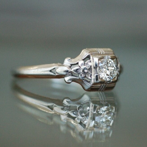 Vintage Round Diamond Art Deco Ring in 14K Solid White Gold Engagement Ring Art Deco Round Engagement Ring Promise Ring Round Vintage Rings