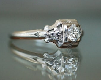 14K Solid White Gold Engagement Ring Art Deco Wedding Ring, Round Diamond Rings, Anniversary Gift, Promise Ring