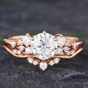 1 Ct Round Cut Moissanite Wedding Ring Set, Moissanite Engagement Ring Set, Vintage Bridal Set, Art Deco Matching Bands, 14k/18k Gold Ring