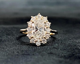 2ct Oval Moissanite Engagement Ring, 14K Gold Halo Ring, Vintage Style Wedding Ring, Anniversary Gift Her, Bridal Ring