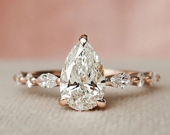 Pear Cut Moissanite Engagement Ring, 14K Solid Rose Gold Nature Inspired  Ring, Hidden Halo Bridal Ring, Anniversary Gift