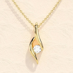 14K Solid Yellow Gold Pendant and Chain Unique Necklace Round Cut Moissanite Necklace Anniversary Gift for Her Sterling Silver Pendant Set
