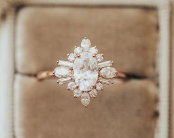 Oval Moissanite Engagement Ring, 14K Rose Gold Halo Diamond Alternative Ring, Bridal Wedding Ring, Anniversary Promise Ring