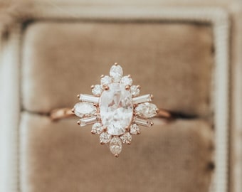 Oval Cut Lab Grown Diamond Engagement Ring, 14K Solid Rose Gold Halo Bridal Ring, Oval Starburst Ring, Anniversary Gift