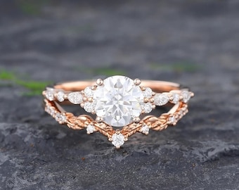 1 CT Round Cut Moissanite Engagement Ring Set, 14K Solid Rose Gold Vintage Bridal Ring, Anniversary Gift, Promise Ring
