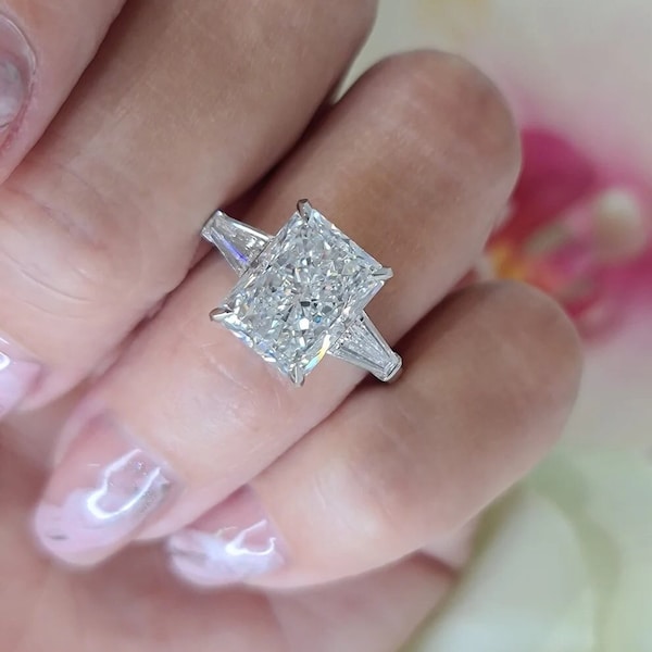 Radiant Cut Moissanite Engagement Ring, 14K Solid Gold Promise Ring, Three Stone Wedding Ring Anniversary Gift Proposal Ring For Her