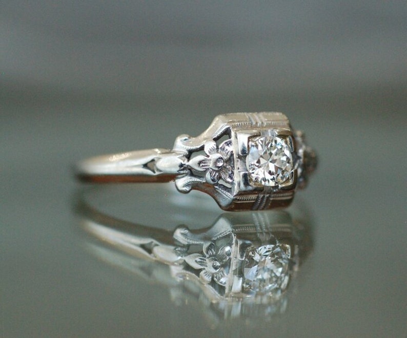 Vintage Round Diamond Art Deco Ring in 14K Solid White Gold Etsy