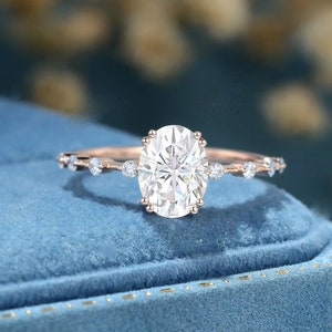 14K Rose Gold Oval Engagement Ring Moissanite Proposal Ring Dainty Scattered Diamond Band 14k Gold Unique Bridal Ring Anniversary Gift
