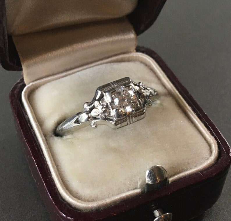 Vintage Round Diamond Art Deco Ring in 14K Solid White Gold Engagement Ring Art Deco Round Engagement Ring Promise Ring Round Vintage Rings image 3