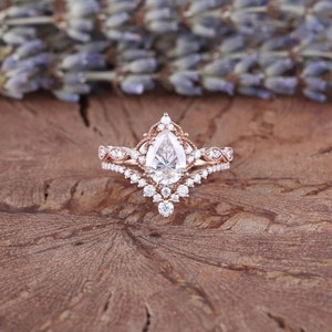 Pear Shape Diamond Anniversary Ring Set 14K Rose Gold Engagement Ring Set Pear Moissanite Wedding Ring Set, Anniversary Gift, Promise Ring