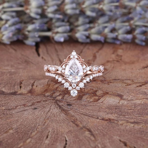 Pear Moissanite Wedding Ring Set 14K Rose Gold Engagement Ring Set Pear Shape Diamond Anniversary Ring Set Promise  Ring Anniversary Gift