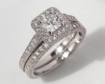 1CT Halo Engagement Ring Set Princess Cut White Gold Bridal Set Art Deco Jewelry, Vintage Milgrain Wedding Band, Square Halo Moissanite Ring