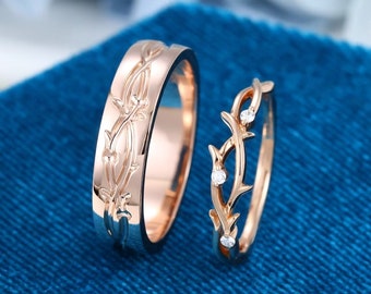 His and Hers Wedding Band  14K Rose Gold Wedding Ring Set Twig Ring for Men and Women Couples Ring Set, Promise Ring, Diamond Wedding Band
