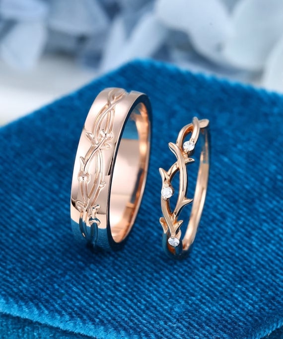 14K Rose Gold Wedding Ring Set Twig Ring for Men and Women Diamond Wedding Band Couples Ring Set Promise Ring His and Hers Wedding Band Etsy