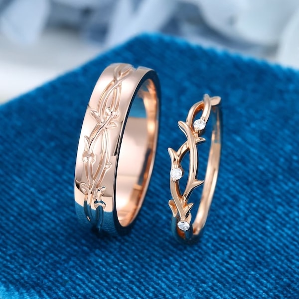 14K Rose Gold Ehering Set Zweig Ring für Männer und Frauen Diamant Ehering Paare Ring Versprechen Ring Seine und Ihre Ehering