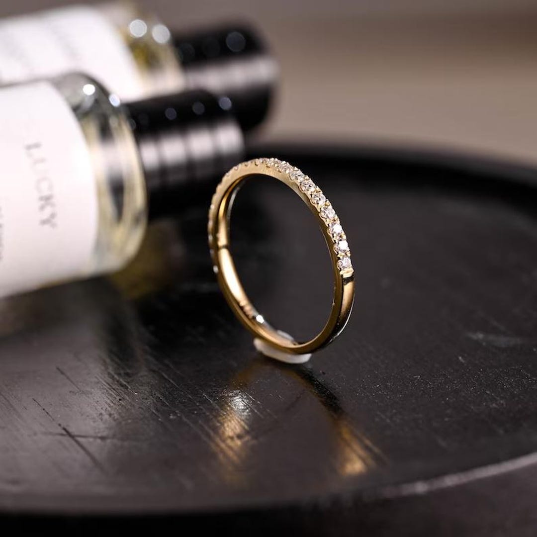 Dainty Moissanite Wedding Band 14K Solid Gold Diamond Thin Half ...