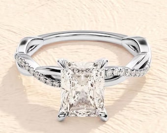1.5 CT Radiant Cut Moissanite Engagement Ring, With Twisted Band, Anniversary Ring For Her, 14k Solid Gold Wedding Ring, Pave Side Stones