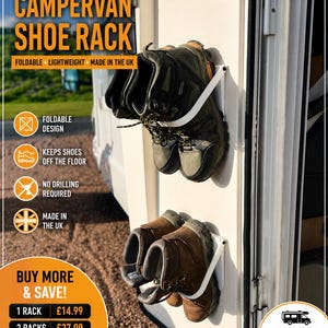May include: A white, foldable, wall-mounted shoe rack attached to a campervan door, holding two pairs of hiking boots. Text on the image reads: SPACE-SAVING CAMPERVAN SHOE RACK, FOLDABLE, LIGHTWEIGHT, MADE IN THE UK, FOLDABLE DESIGN, KEEPS SHOES OFF THE FLOOR, NO DRILLING REQUIRED, MADE IN THE UK.