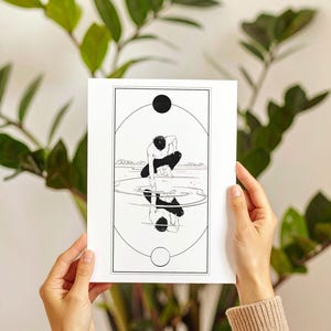 Specchio – Stampa digitale di arte lineare surreale / Uomo che si tira fuori dall'acqua / Arte murale minimalista in bianco e nero / Illustrazione astratta poetica