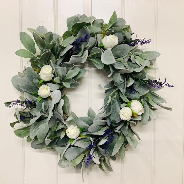 Year Round Welcome Door Wreath made with high quality realistic touch faux Lamb's Ear's leaves, with cream Roses and Lilac spray