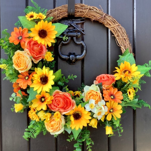 Spring Summer Welcome Door Wreath yellow and orange Sunflowers, Roses, Ranunclus, Anemone's and greenery grapevine wreath