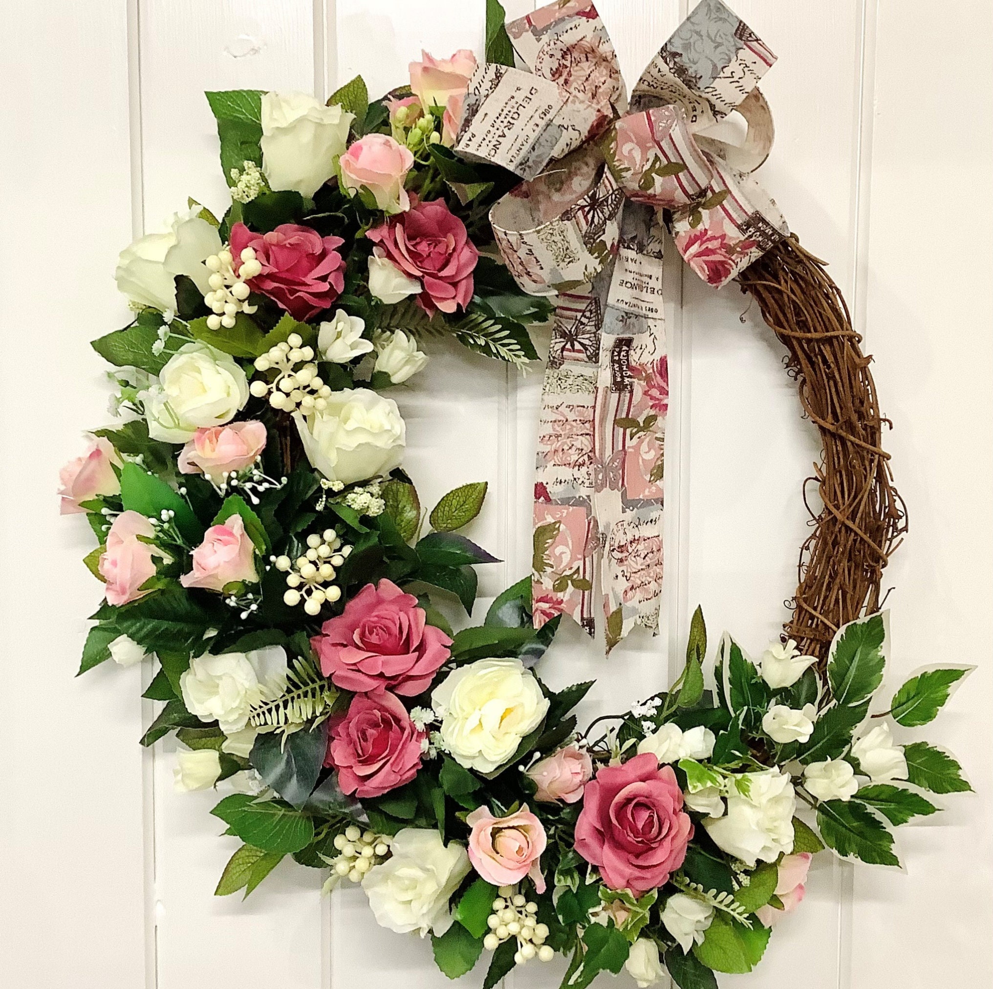 Dusky Pink and Cream Faux Roses and Greenery Door Wreath With Vintage ...