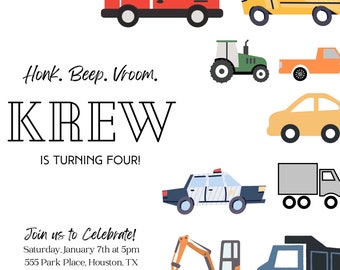 Transportation Birthday Invitation, Truck Birthday Invitation, Cars Birthday Invitation, vehicle Birthday Invitation, digital download