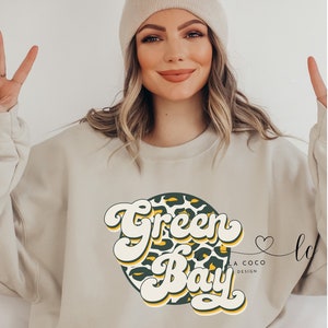 Green Bay Unisex Sweatshirt, Green Bay Vintage Crewneck, Retro Green Bay Shirt for Women, Green Bay Gift for Women, Leopard Print Green Bay