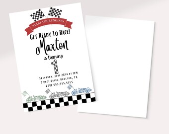 May include: A racing-themed birthday invitation for a boy turning one. The invitation features a checkered flag background, race cars, and the text "Get Ready to Race! Maxton is turning 1".