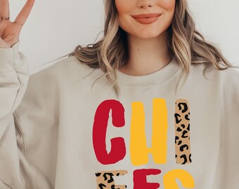 CHIEFS Crewneck Cheetah Print, KC Football Sweatshirt, Unisex, Womens Leopard Kansas City Football Shirt, Game Day KC , Gift, Mom and Me