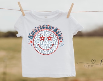 Infant and Todder Retro American Babe Shirt for 4th of July, Smiley face Patriotic Shirt for baby, Retro trendy shirt