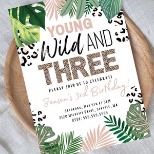 Young Wild And Three Birthday Invitation, Jungle Party Invitation, Leopard Print 3rd Birthday Invitation, Digital Download
