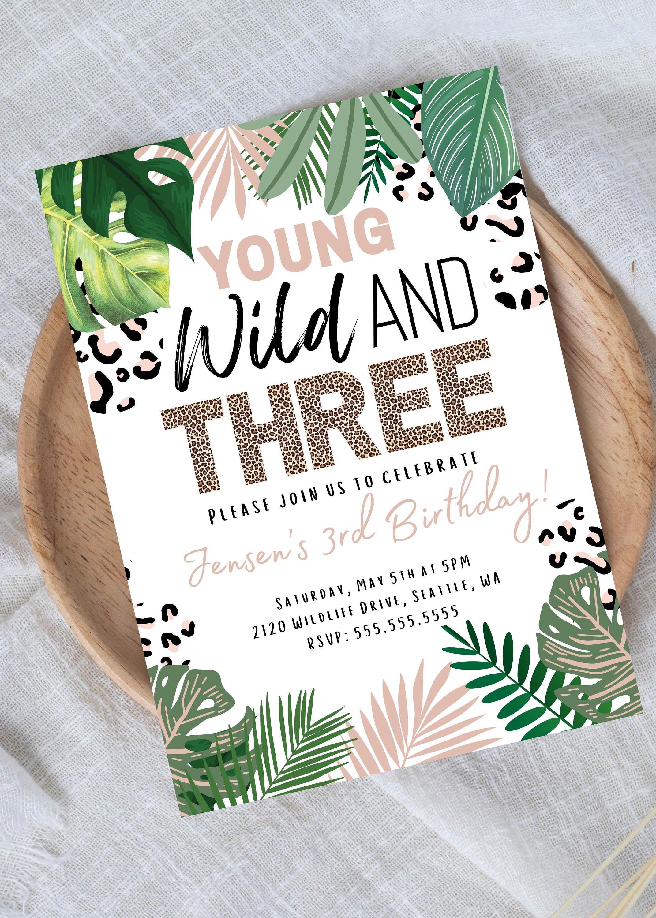 Young Wild and Three Birthday Invitation, Jungle Party Invitation ...