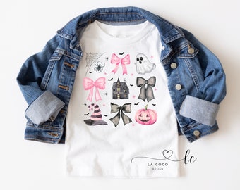 Coquette Halloween T- Shirt Halloween Pumpkin Pink Bows Cute Halloween Design for Kids Preppy sublimation Spooky spiders ghost haunted house