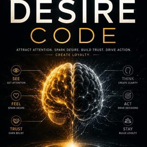May include: A book cover titled The Desire Code with the subtitle The Hidden Psychology, The Irresistible Strategy, The Code Behind Every Choice. It features a glowing human brain split into gold and blue halves, surrounded by six icons and text labels.